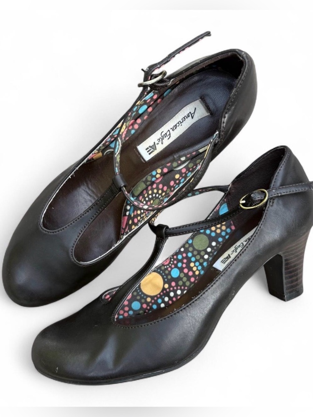 American Eagle Brown T-Strap Mary Jane Heels Colorful Polka Dot Size 6 Vtg y2k